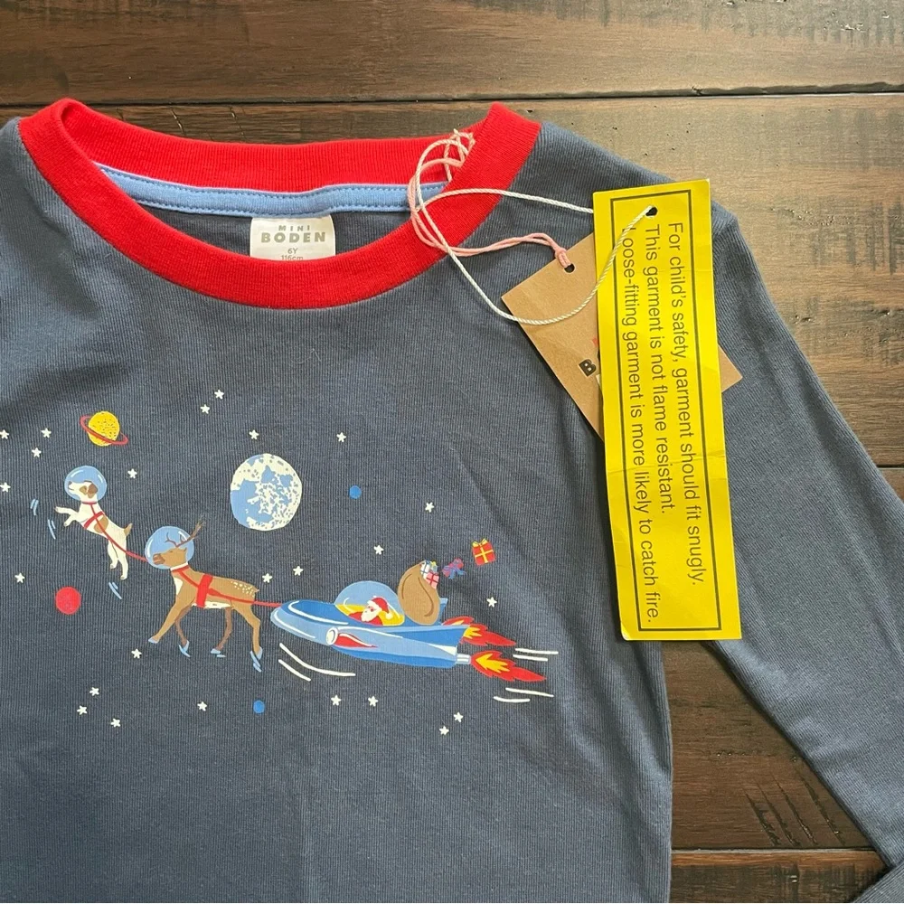 Mini Boden Blue Space Santa Long John Pajama Set NWT
